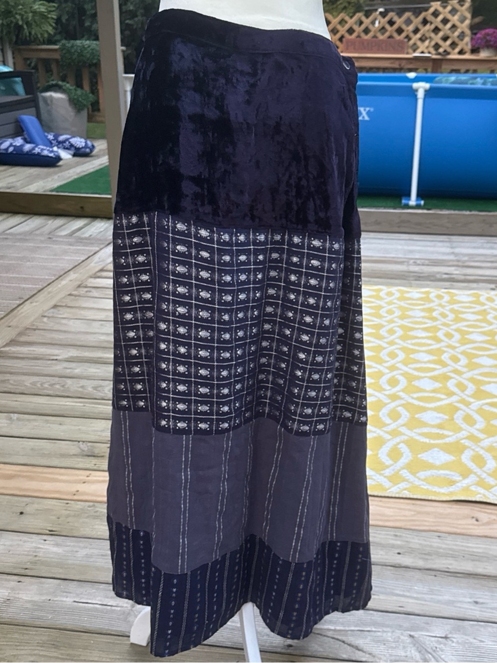 Vintage APRIL CORNELL Blue w/ velvet  Boho Maxi Skirt Size s Gypsy whimsy boho